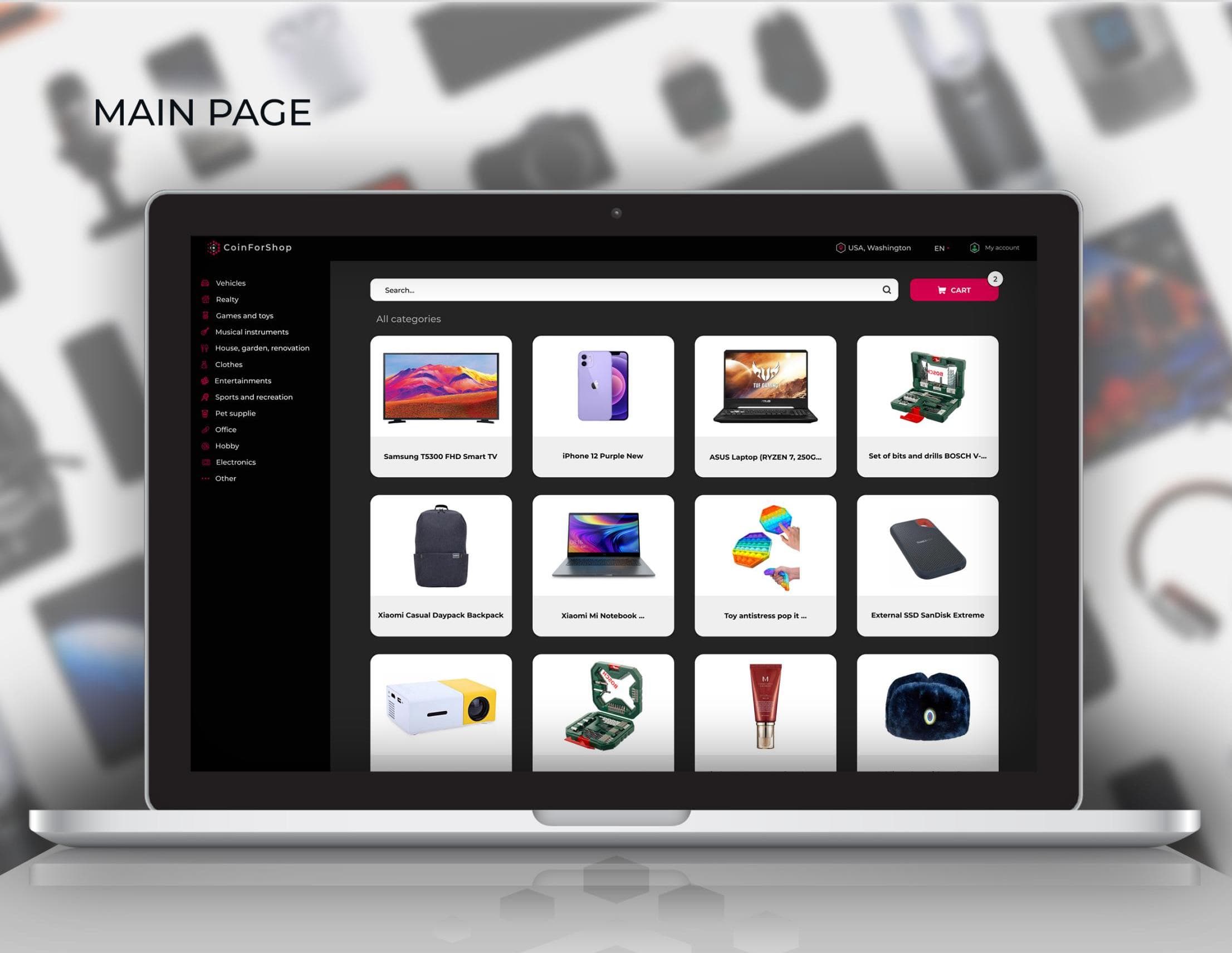 CoinForShop catalogue with category navigation, search and product cards