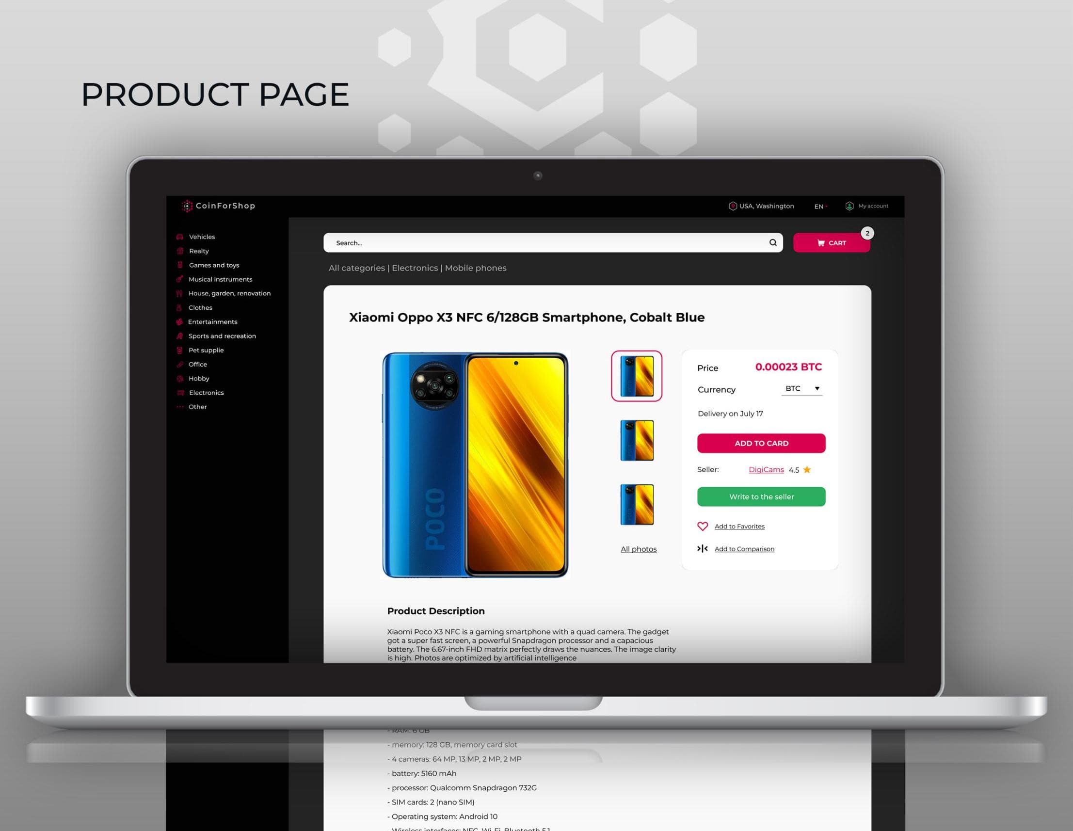 CoinForShop product page showing photographs, Bitcoin pricing and seller details
