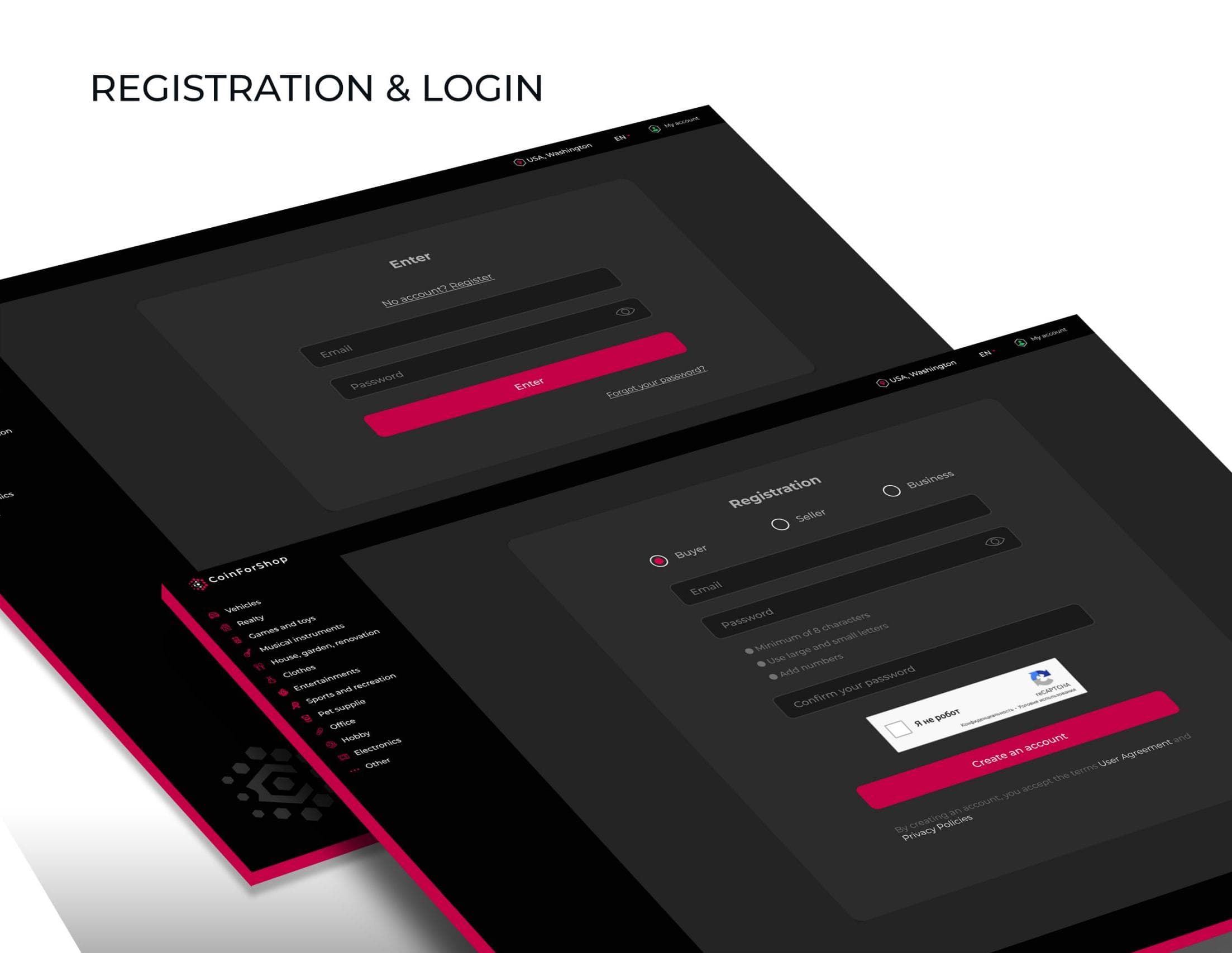 CoinForShop login and registration screens with buyer, seller and business roles