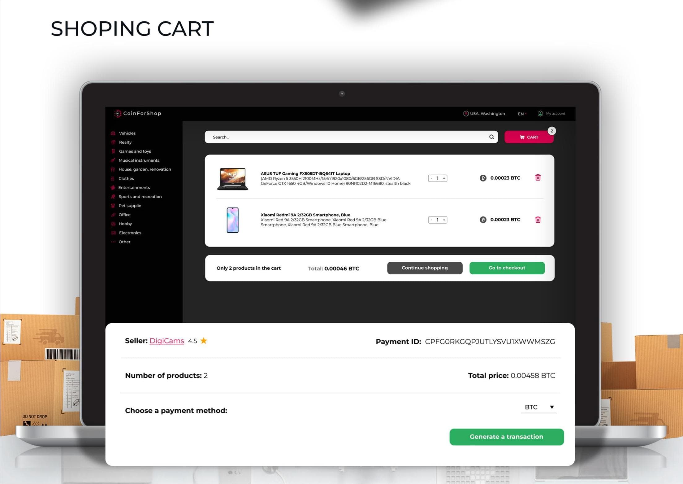 CoinForShop shopping cart and checkout with currency selection and transaction generation