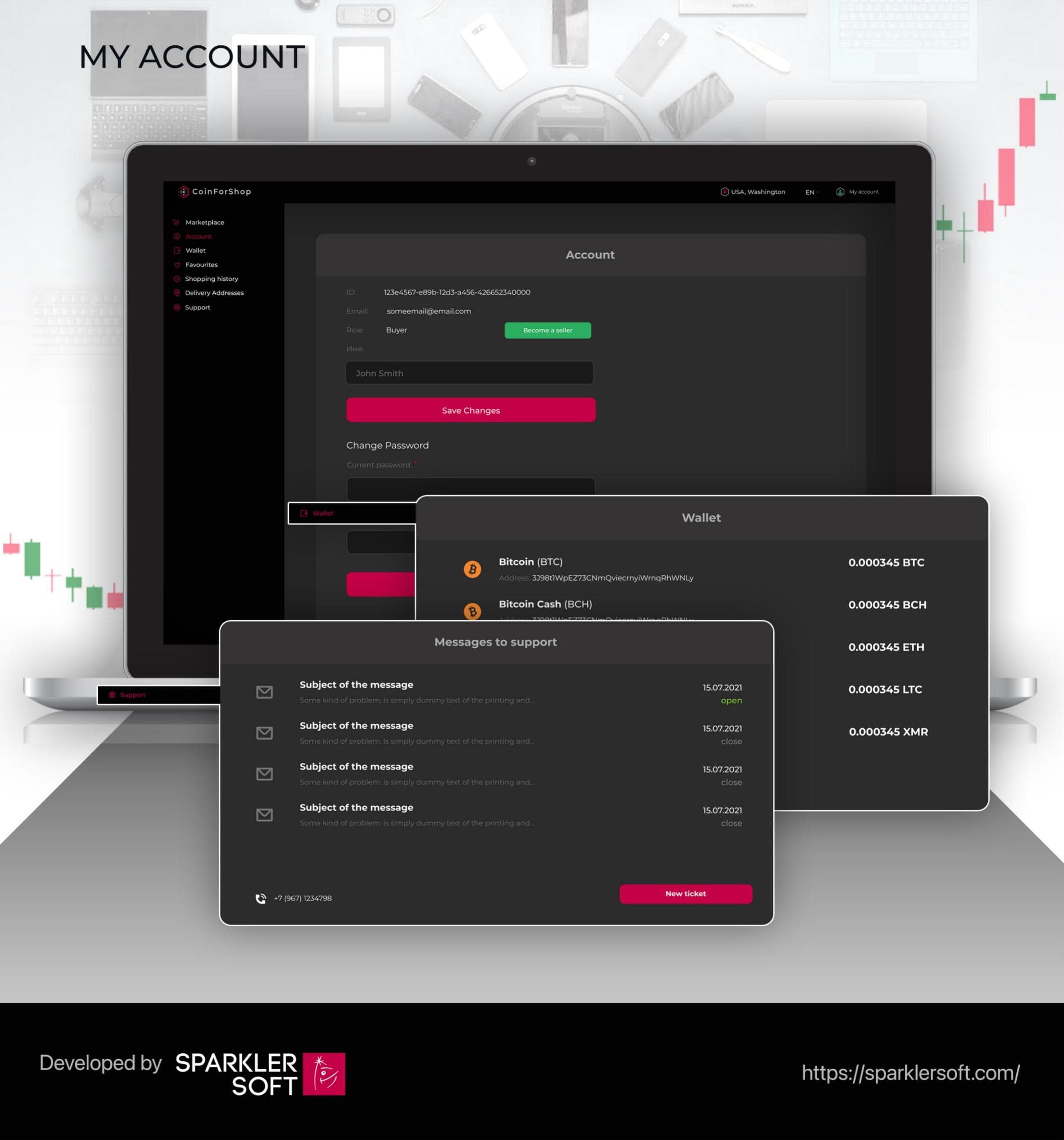 CoinForShop account settings, cryptocurrency wallet balances and support tickets