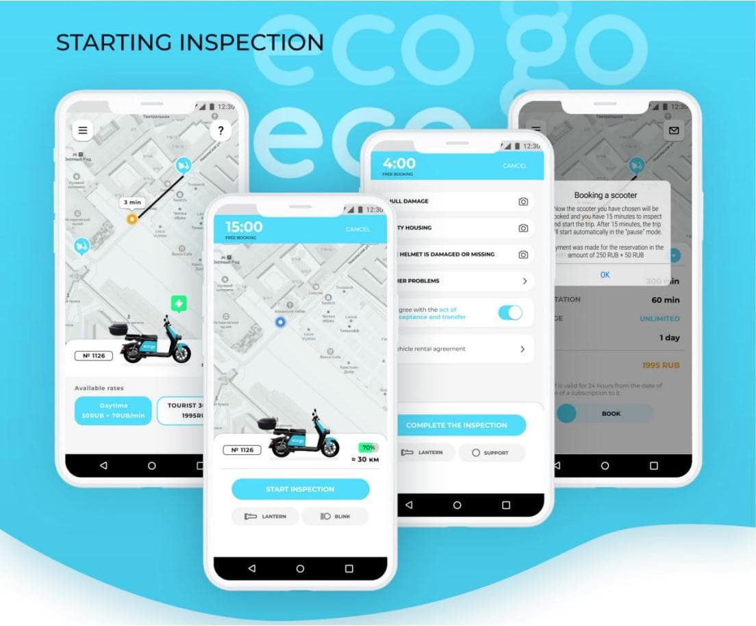Eco-Go scooter map, reservation timer and vehicle inspection checklist