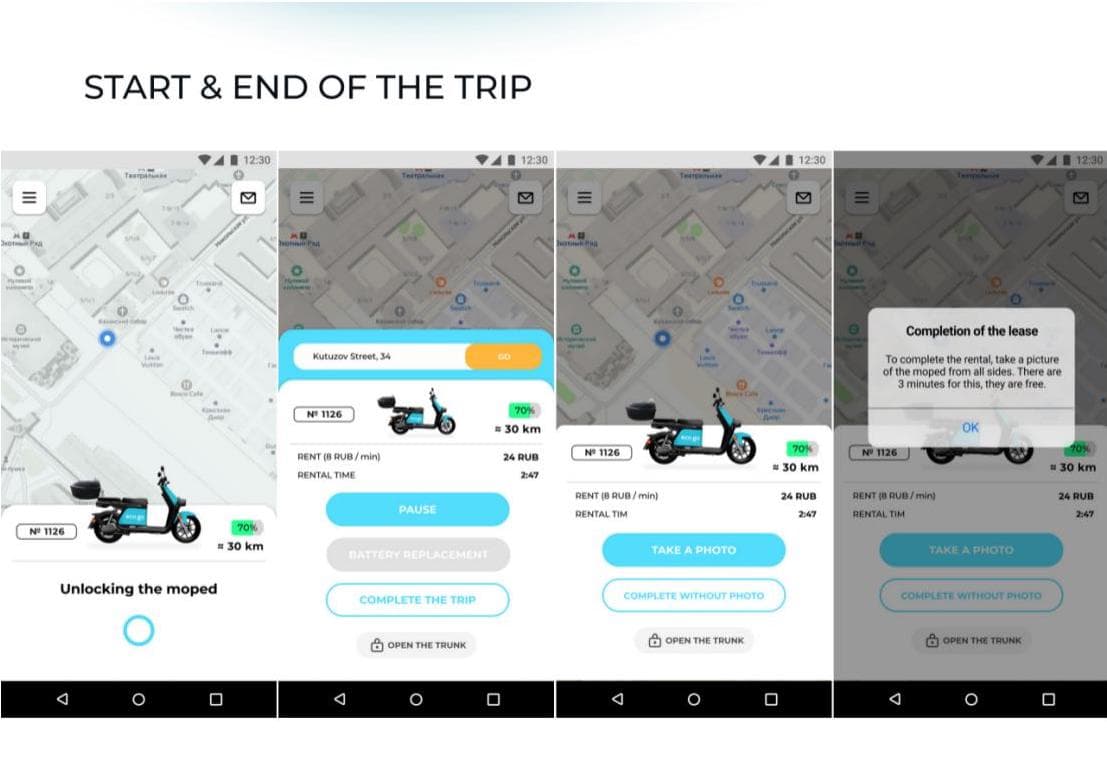 Eco-Go ride screens showing unlock, pause, trip completion and photo capture
