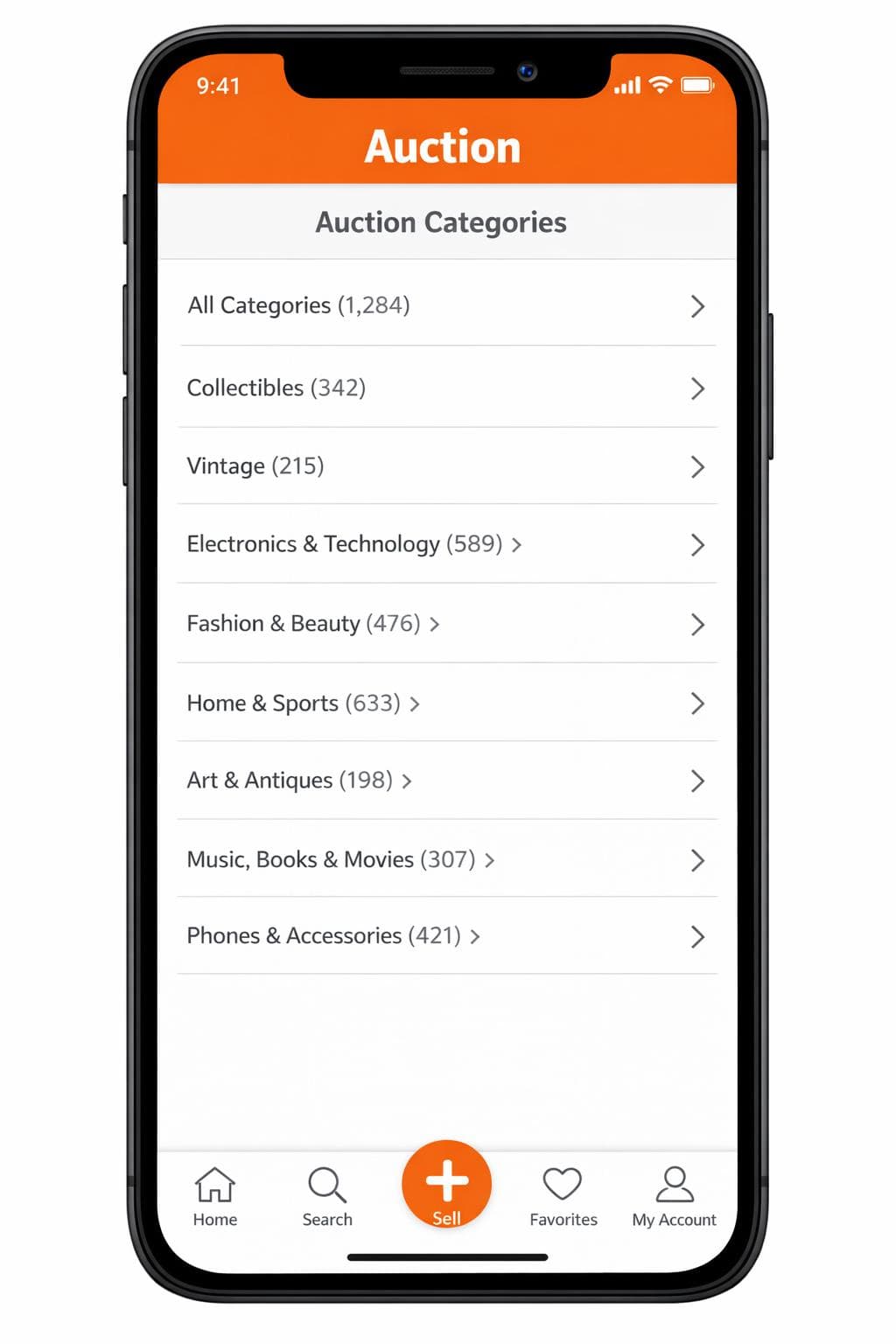 Auction category interface showing collectibles, vintage goods, electronics and other categories