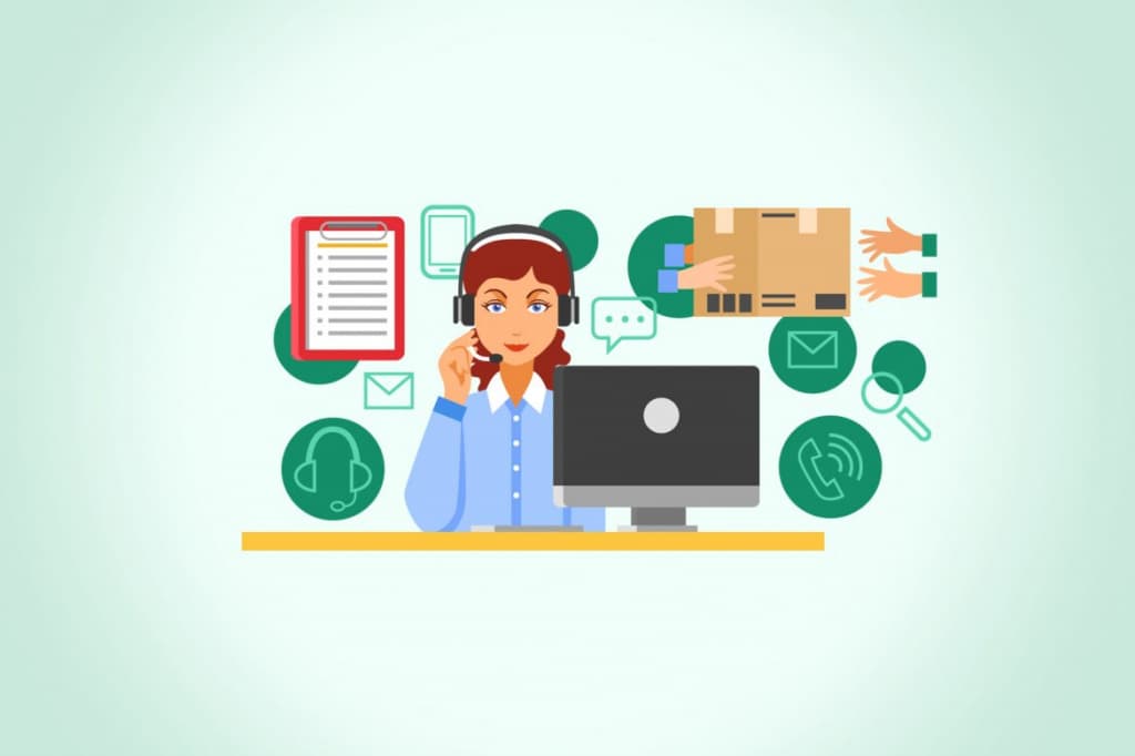 Illustration of a customer support operator and communication channels