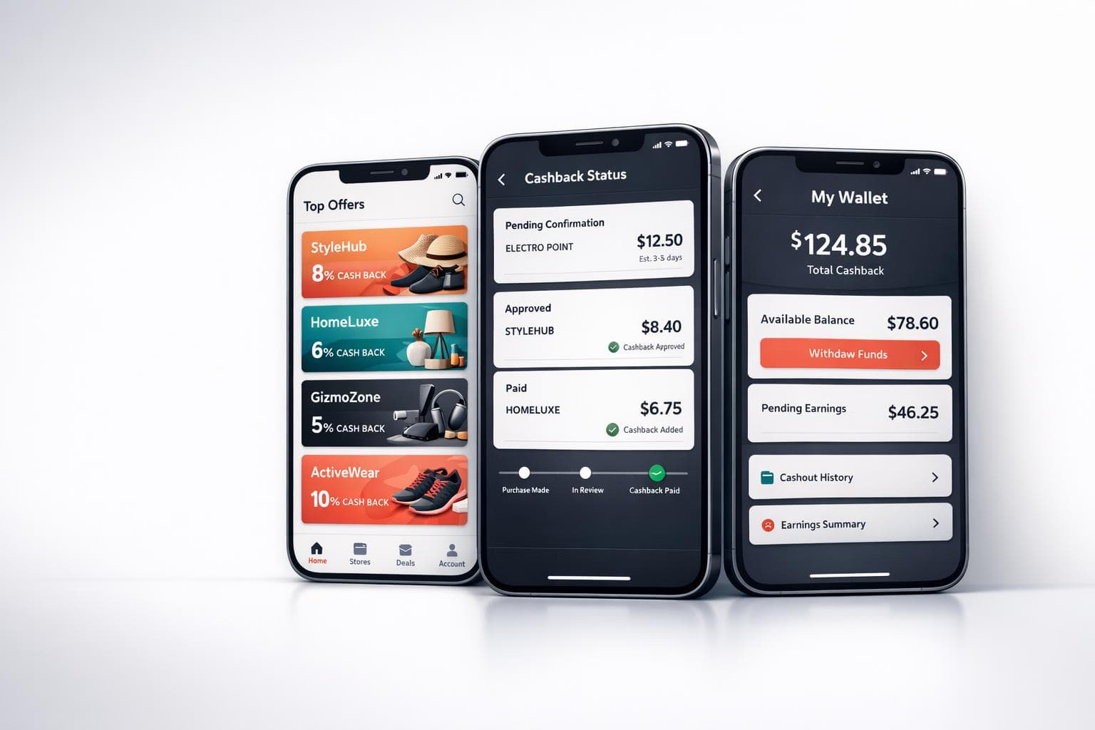 Conceptual cashback interface showing offers, cashback status and a wallet