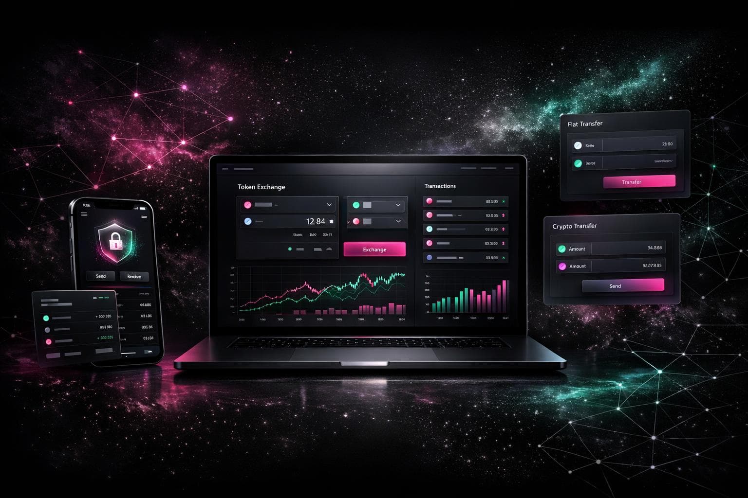 Conceptual Extra web and mobile interfaces for wallets, token exchange and transfers