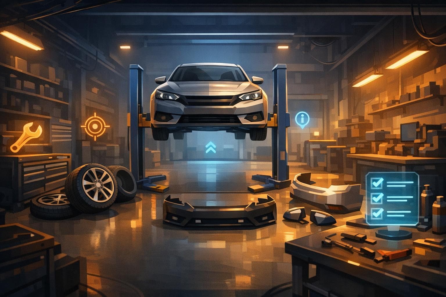 Conceptual AutoForge VR automotive workshop with a vehicle lift and interactive tasks