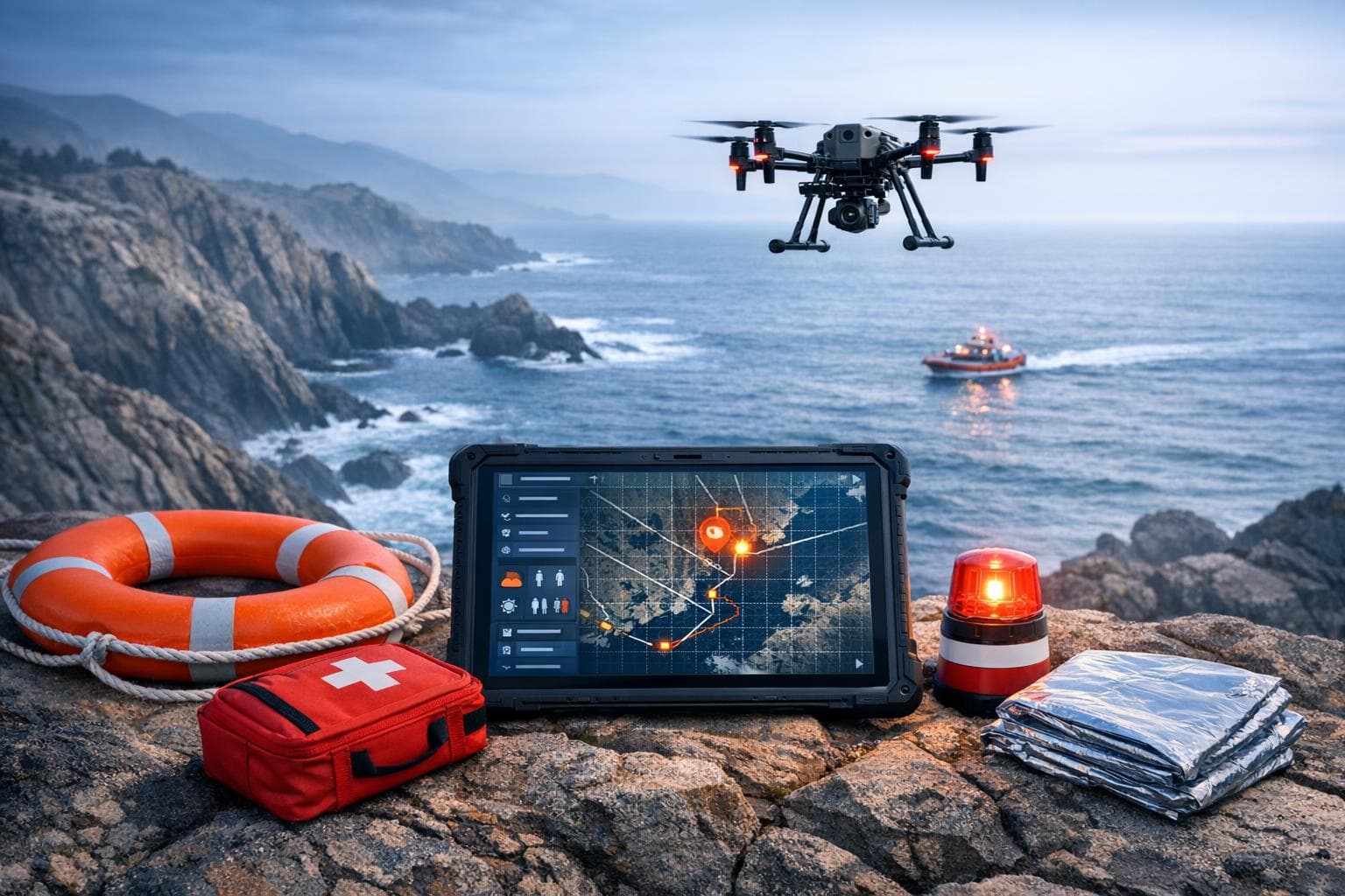 Conceptual Rescue Drones illustration with a coastal rescue drone, tablet and emergency equipment