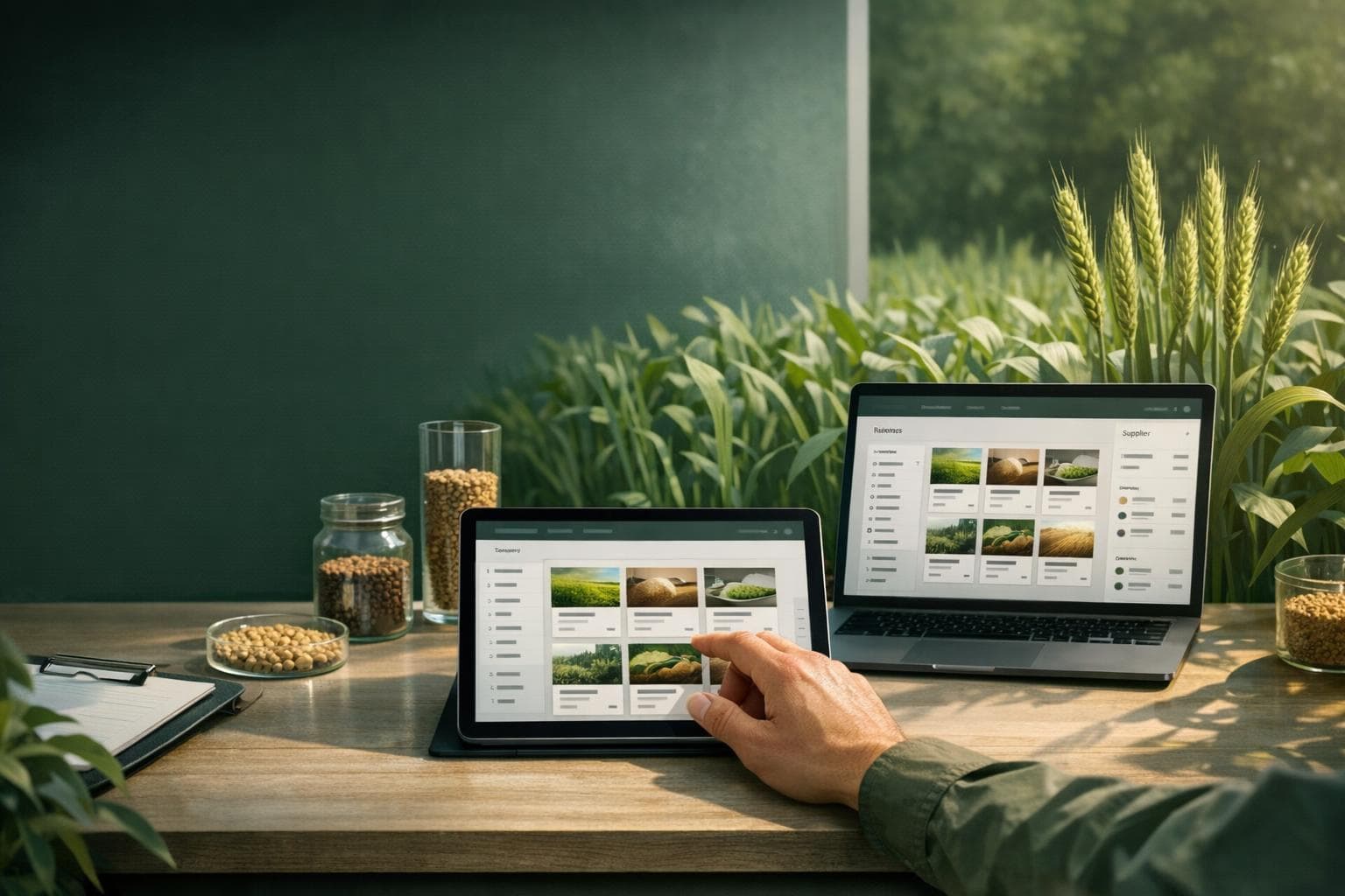 Conceptual Pesticidy agricultural catalogue displayed on a tablet and laptop