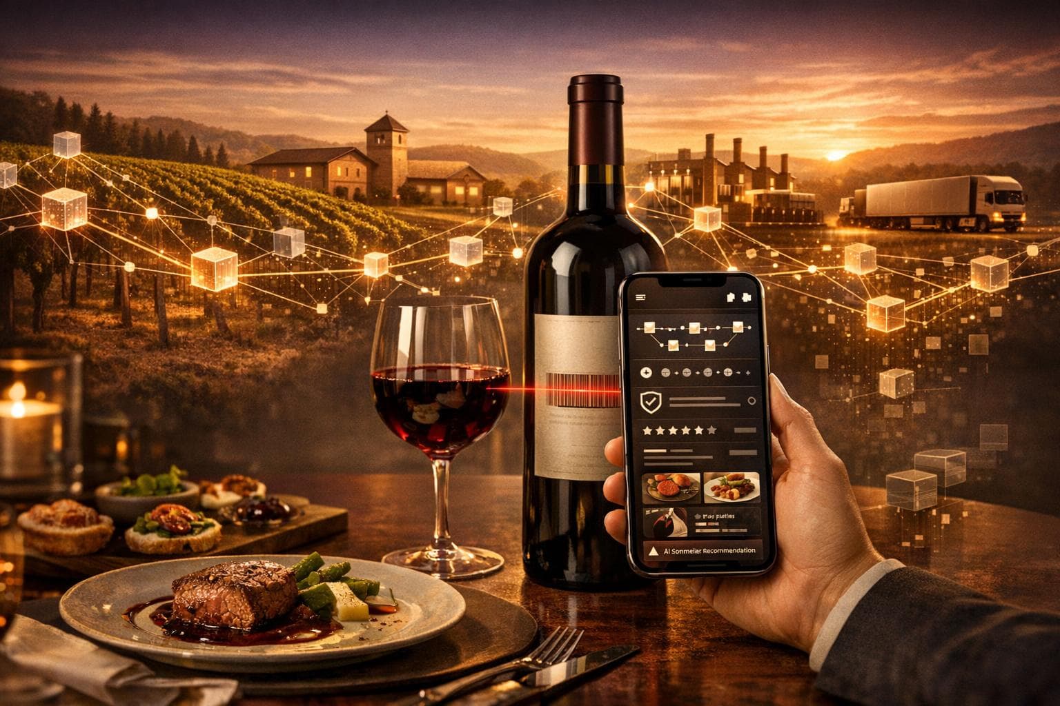 Conceptual Wine Chain illustration with a vineyard, wine bottle and mobile product discovery interface