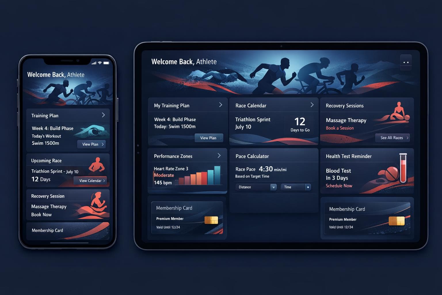 Conceptual triathlon club dashboard on a phone and tablet