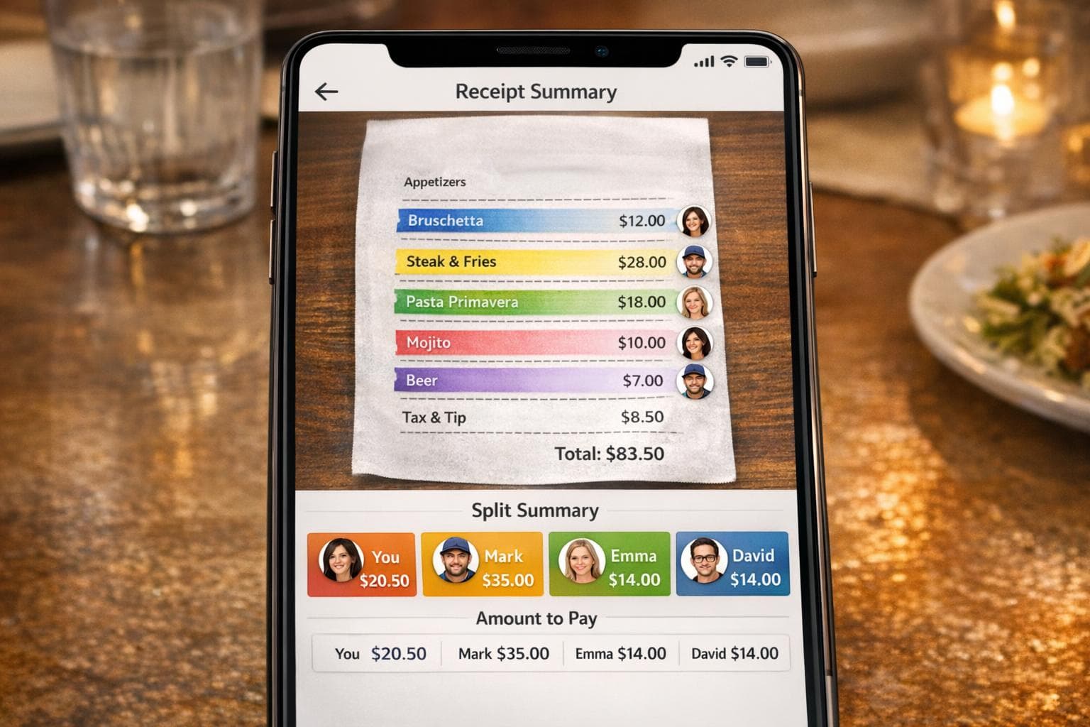 Conceptual ReceiptSplit mobile receipt summary with item assignments and individual shares
