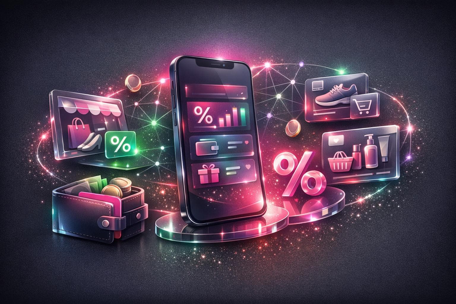 Conceptual Cash4Brands illustration with mobile shopping offers and cashback rewards