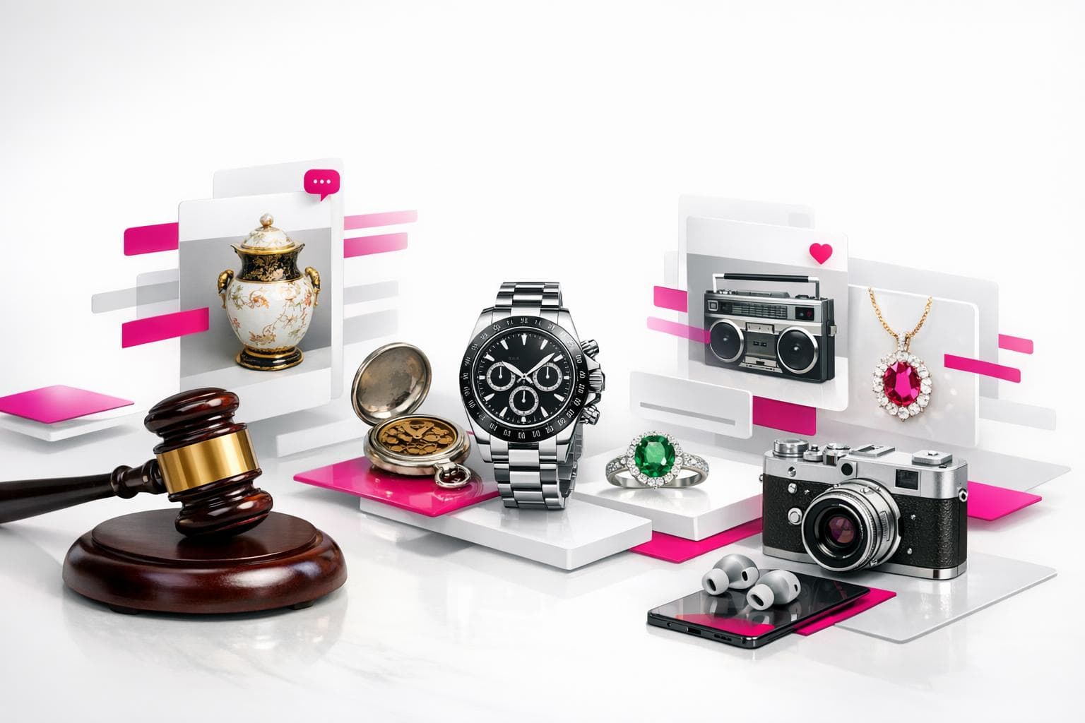 Conceptual auction marketplace illustration with collectibles, jewellery, a watch and a camera