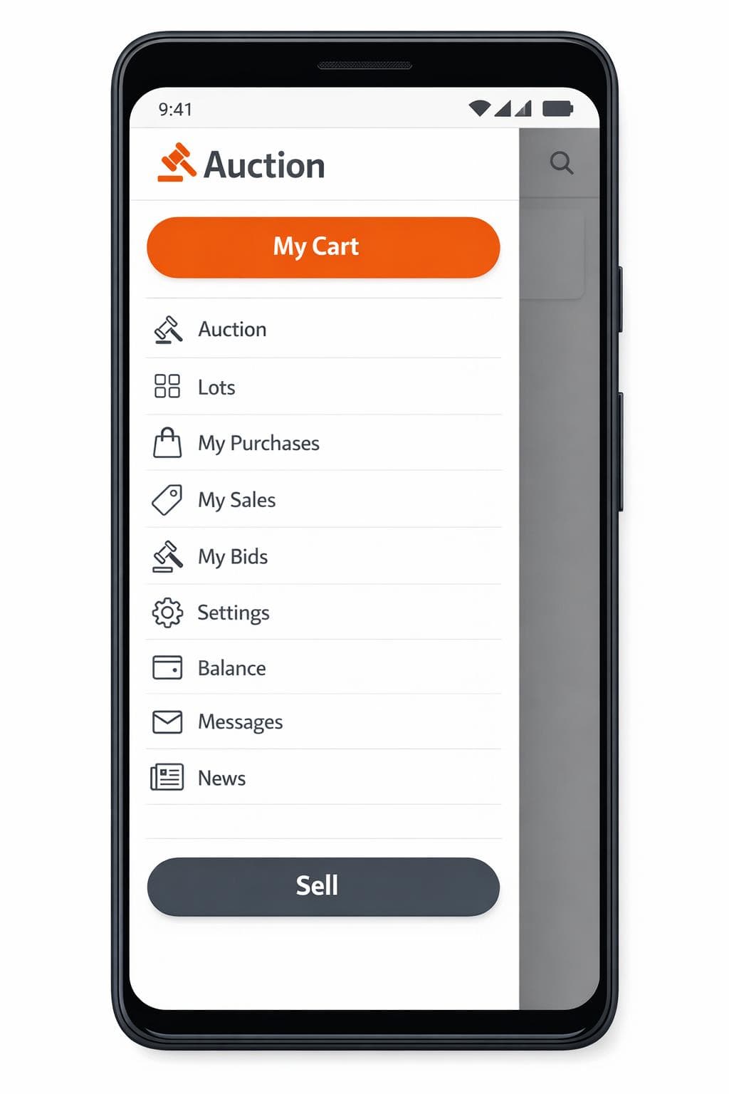 Auction navigation with lots, purchases, sales, bids, balance and messages