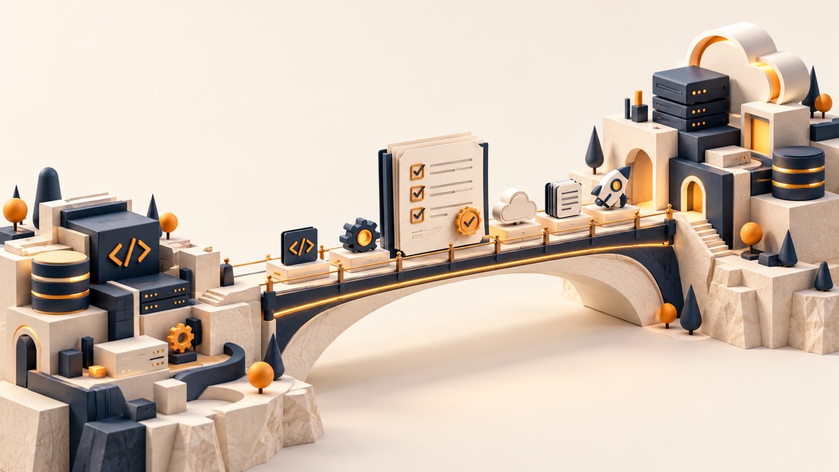 A bridge connects two software environments, carrying a handover checklist, code, build tools, cloud services, documentation and a release symbol.