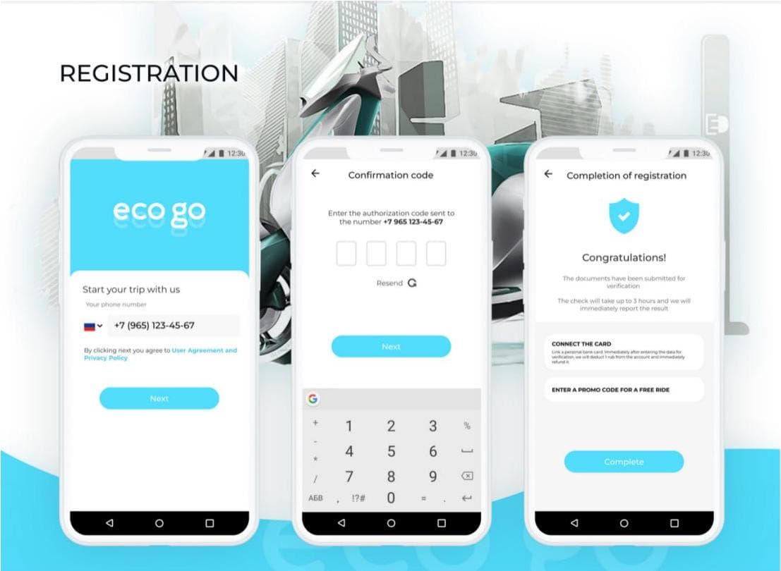 Eco-Go registration screens with phone confirmation and completion