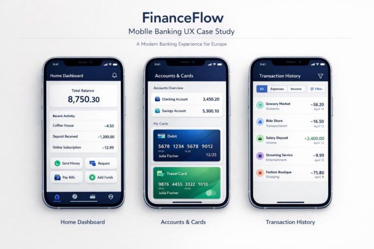 FinanceFlow presentation screens for dashboard, accounts and transaction history
