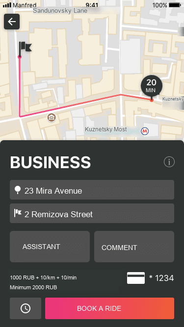Taxi booking screen with pickup, destination and booking button in English