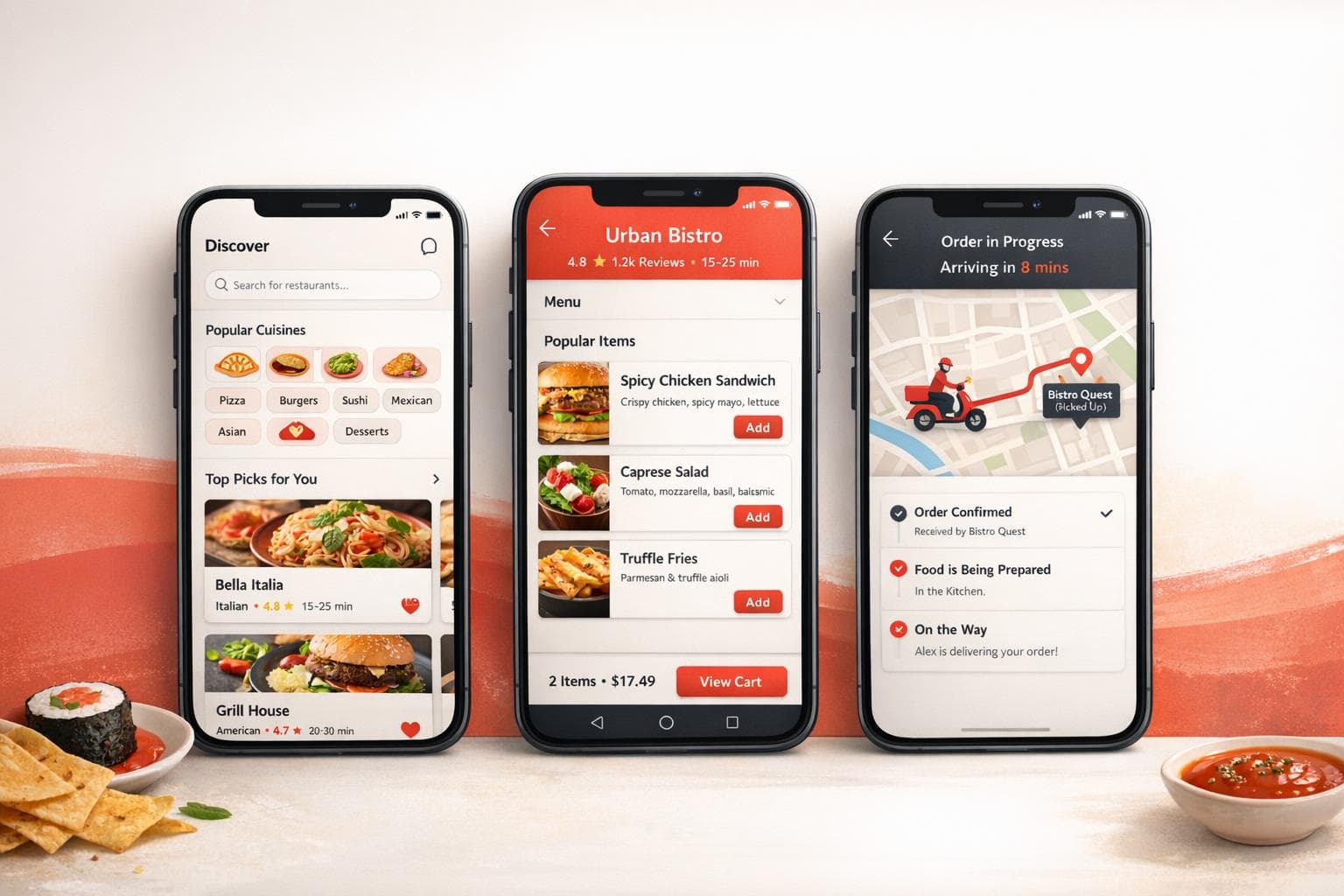 Conceptual food delivery interfaces showing discovery, a menu and order tracking