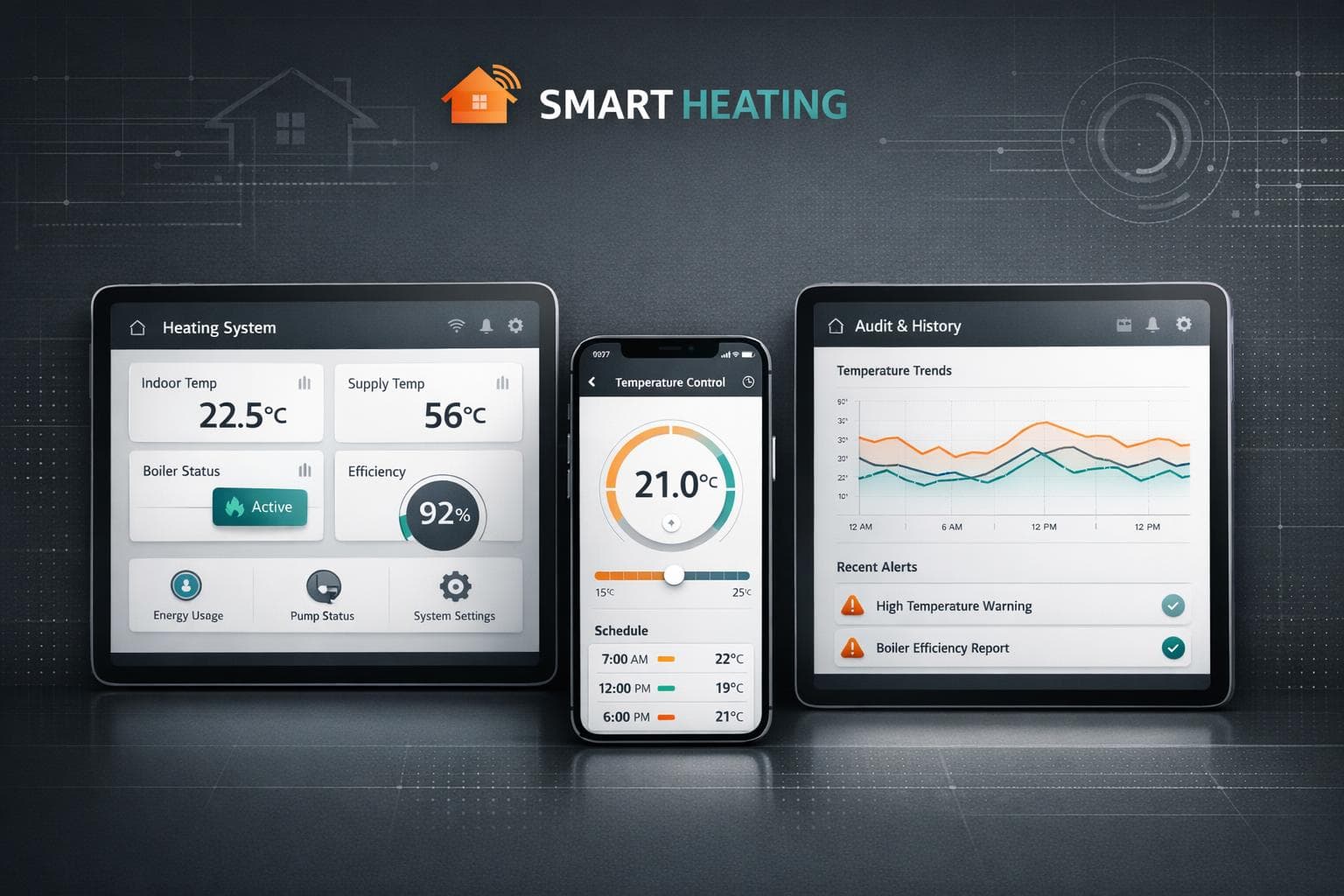 Conceptual Smart Heating dashboards and mobile temperature controls
