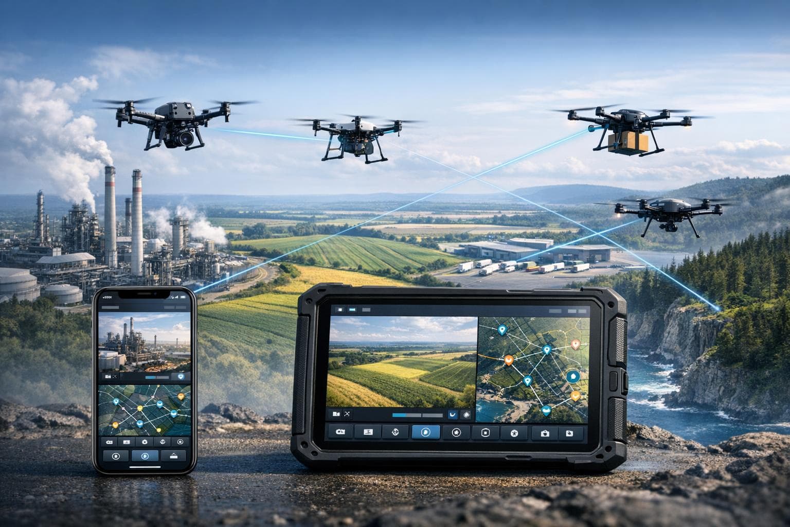 Conceptual illustration of drones, a mobile device and an operations tablet across industrial and environmental settings