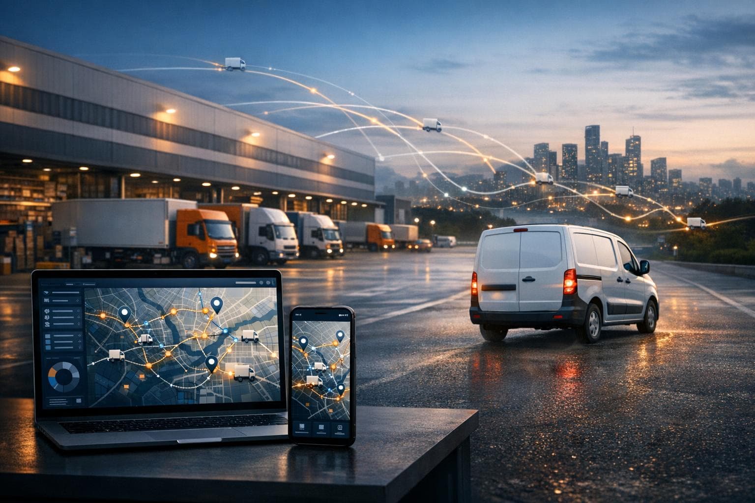 Conceptual Logistics illustration with a laptop, phone and white delivery van