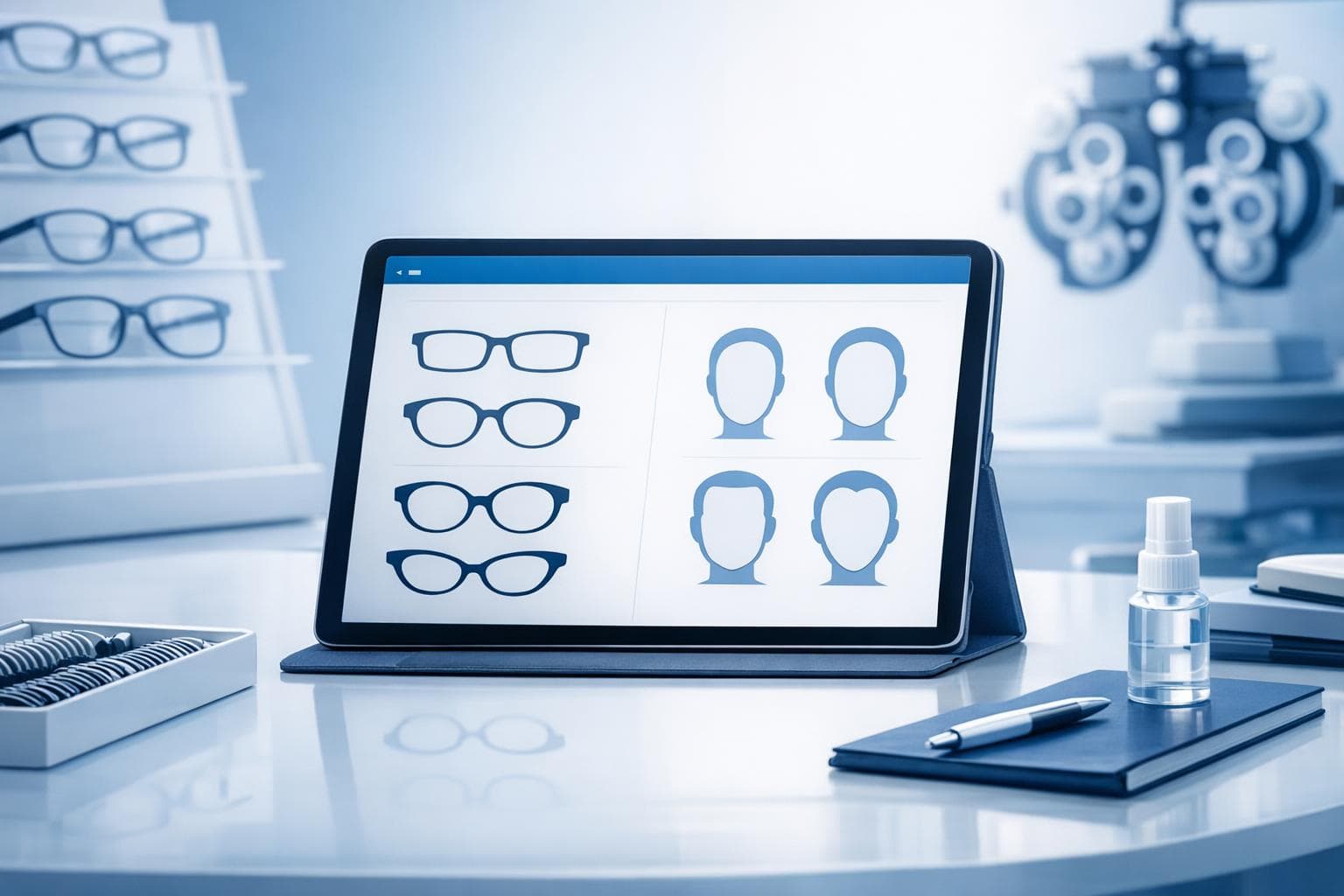 Conceptual eyewear fitting illustration showing frame styles and facial profiles on a tablet
