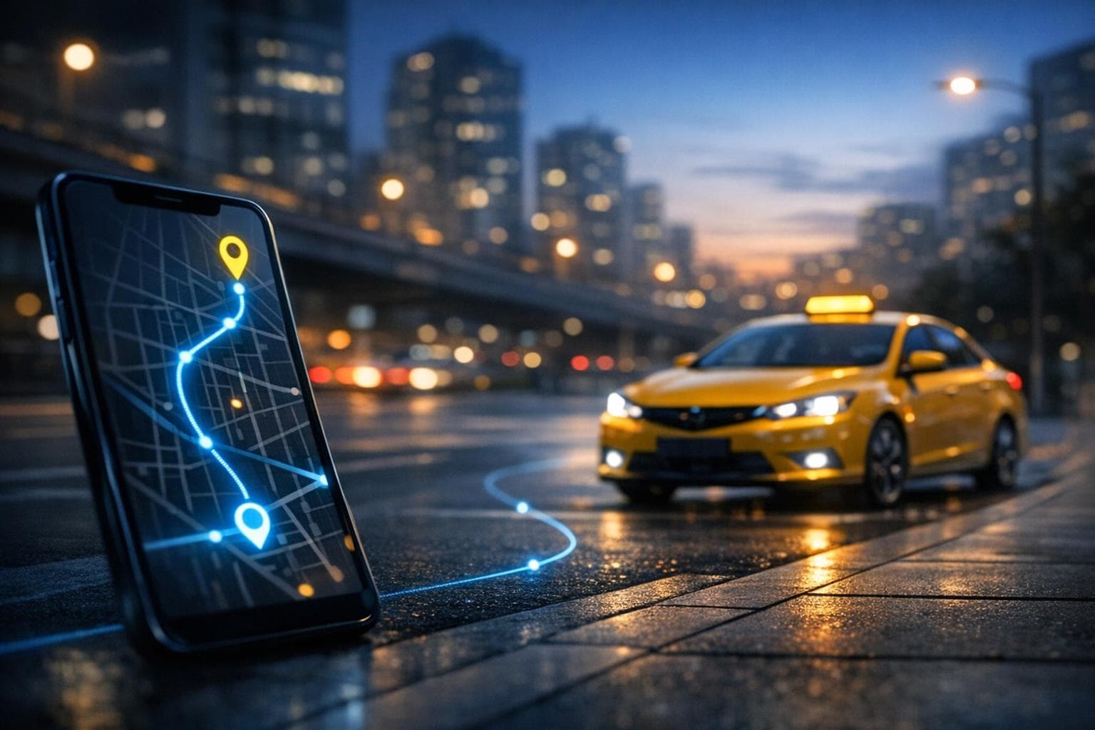Conceptual Taxi Service illustration with a taxi, smartphone and route map