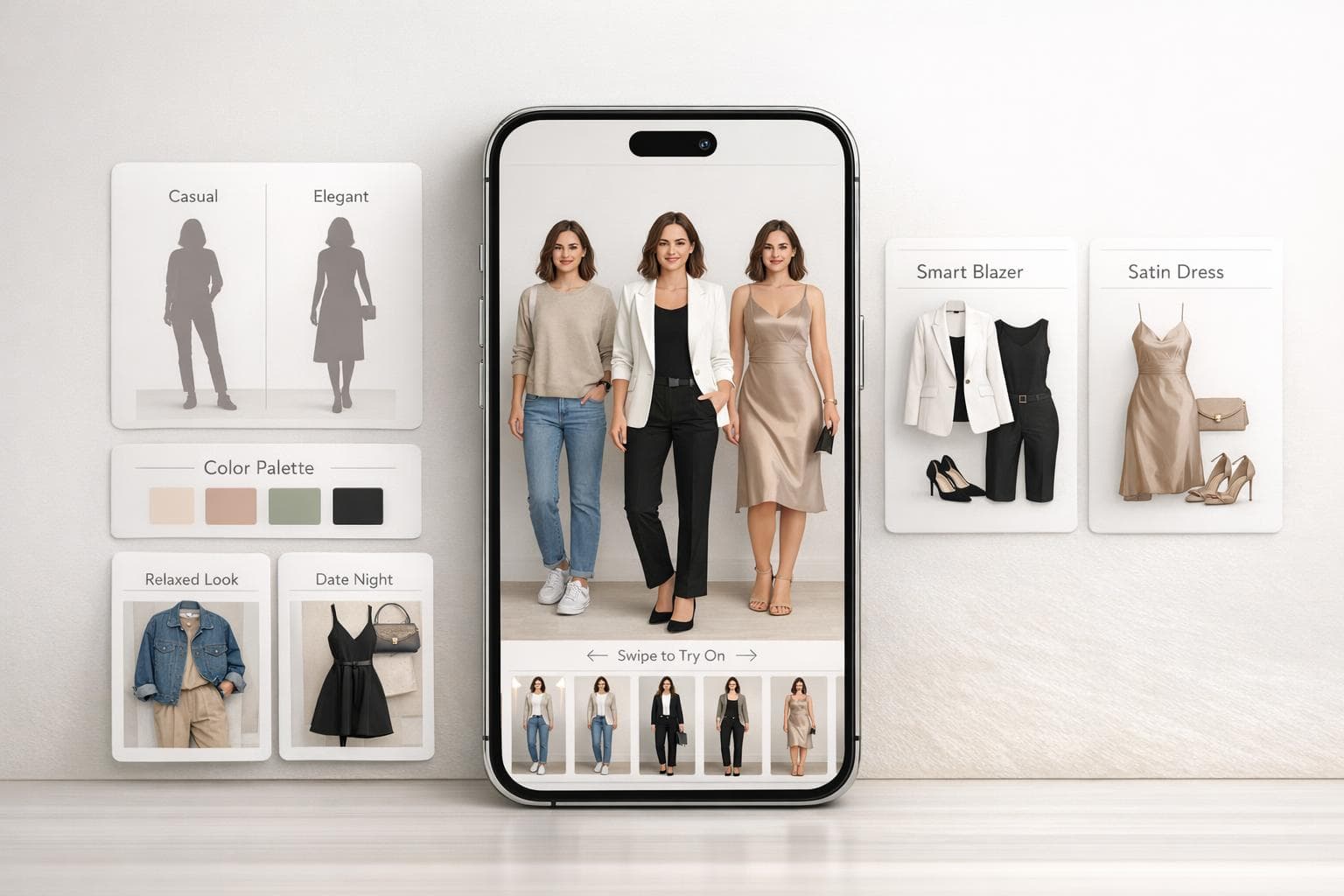 Conceptual FittingRoom illustration of a mobile virtual fitting experience with clothing and style selections