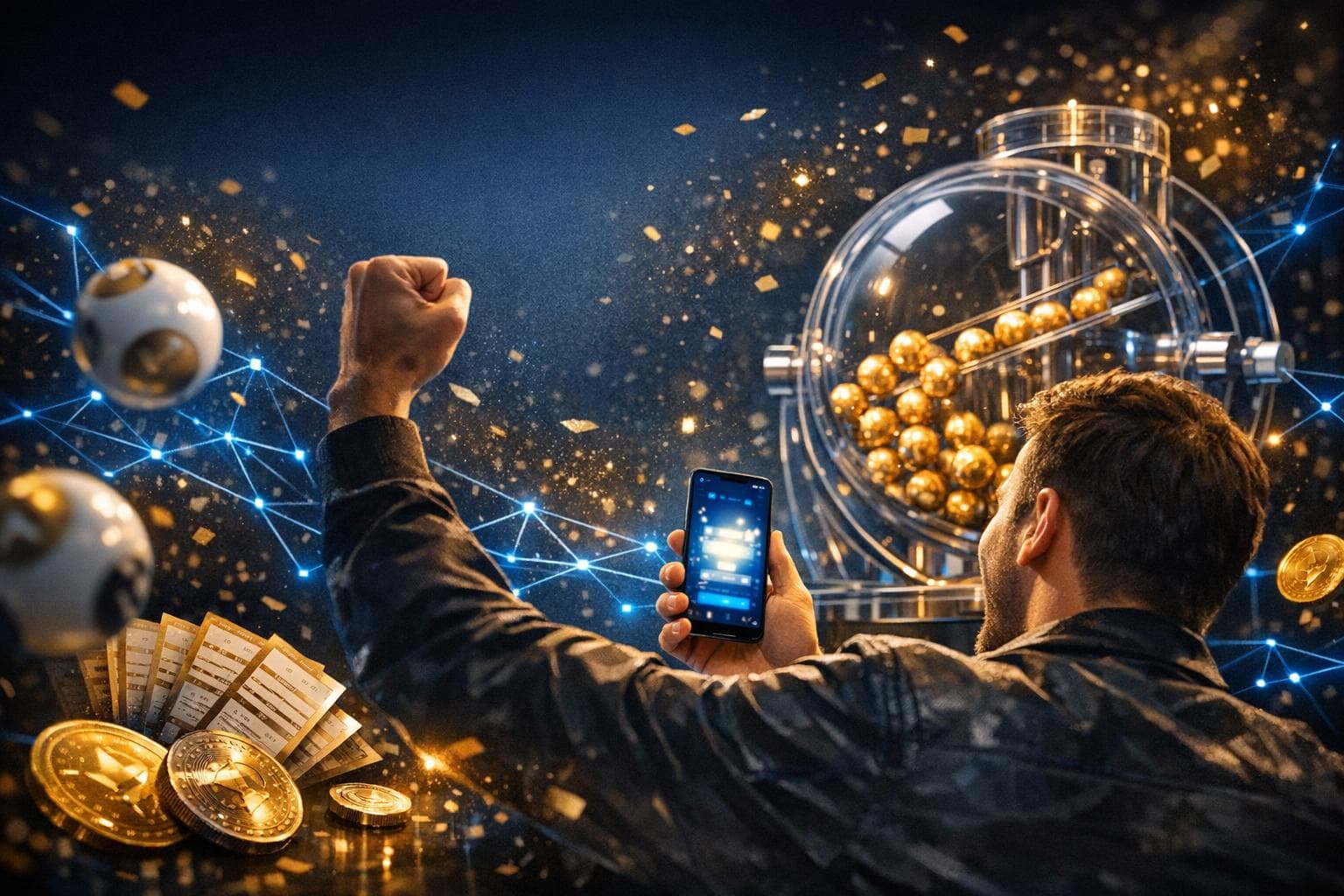 Conceptual Grand Lottery illustration showing a mobile lottery and blockchain network