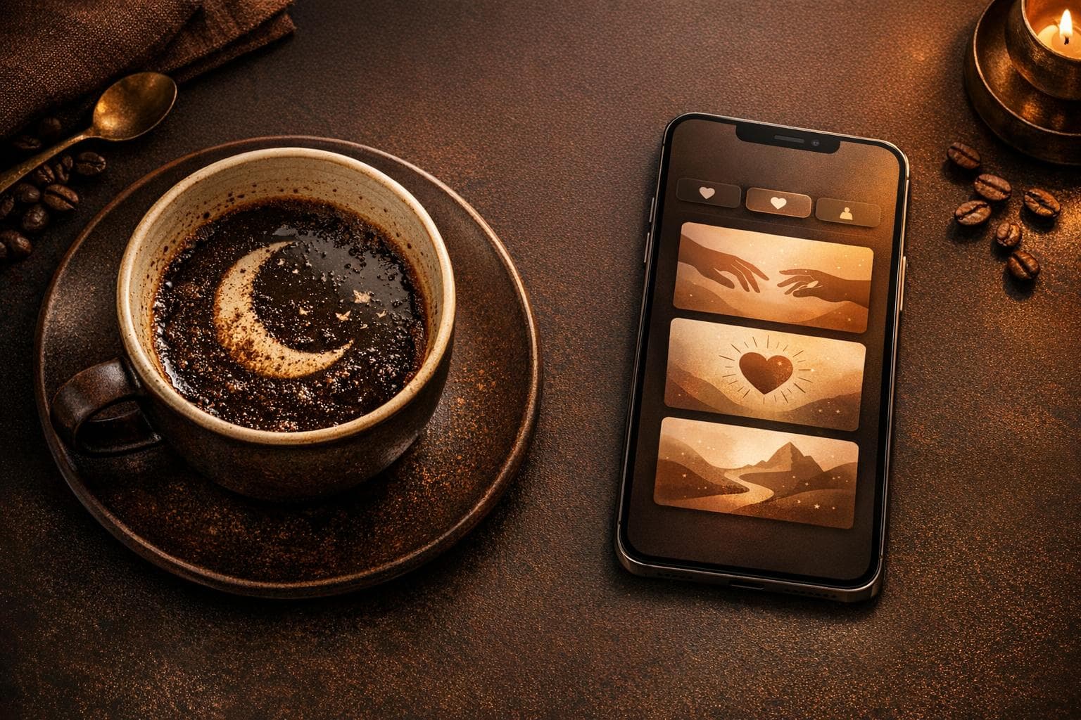 Conceptual Coffee Predict illustration with a coffee cup and mobile entertainment interface