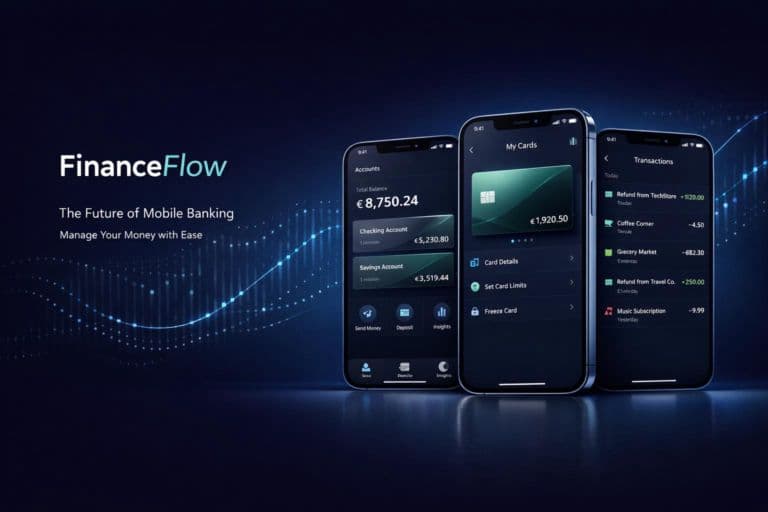 FinanceFlow presentation cover with fictional mobile banking interfaces