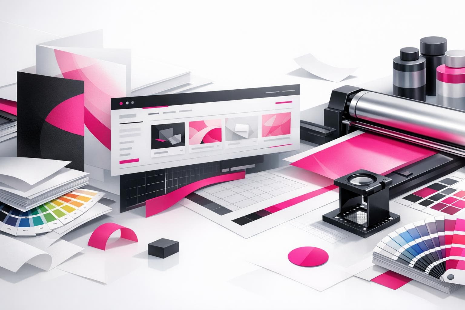 Conceptual Print Studio illustration with printing equipment and creative materials
