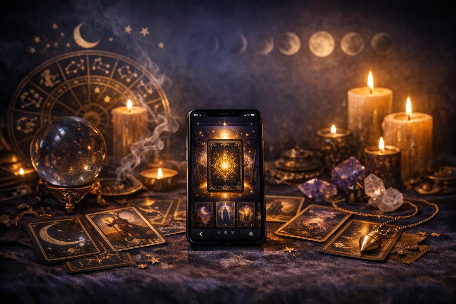 Conceptual Fatum illustration with tarot cards, candles and a mobile interface