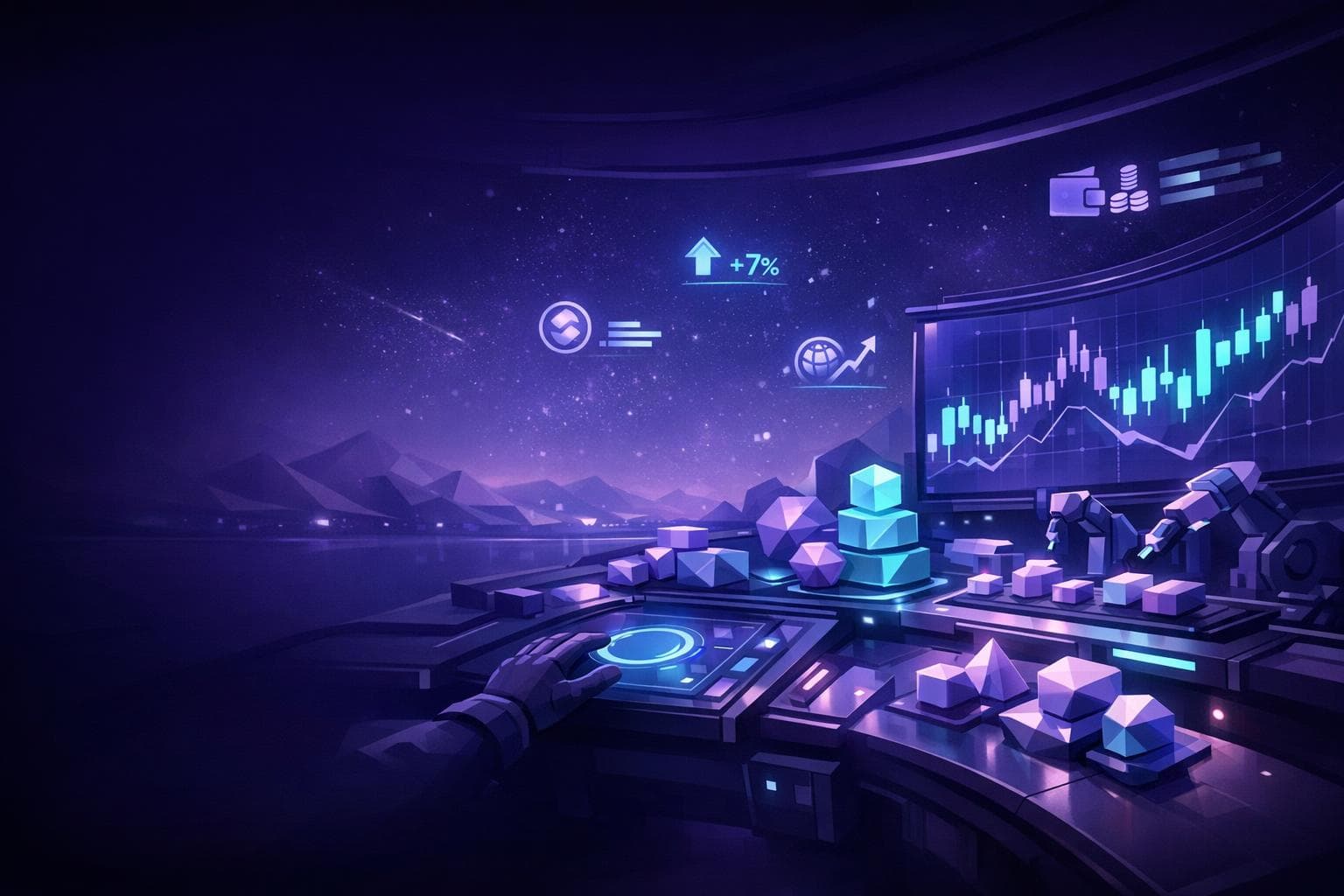 Conceptual MarketCraft VR production environment with virtual objects and valuation displays