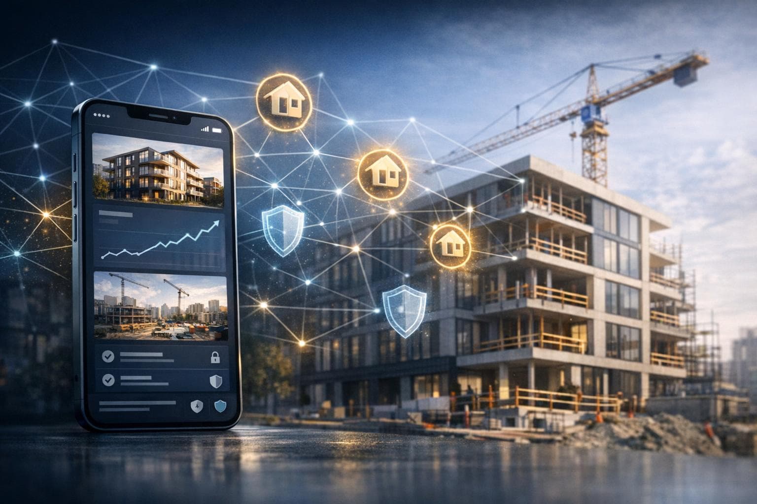 Conceptual Azarium illustration showing property development and a digital investment interface