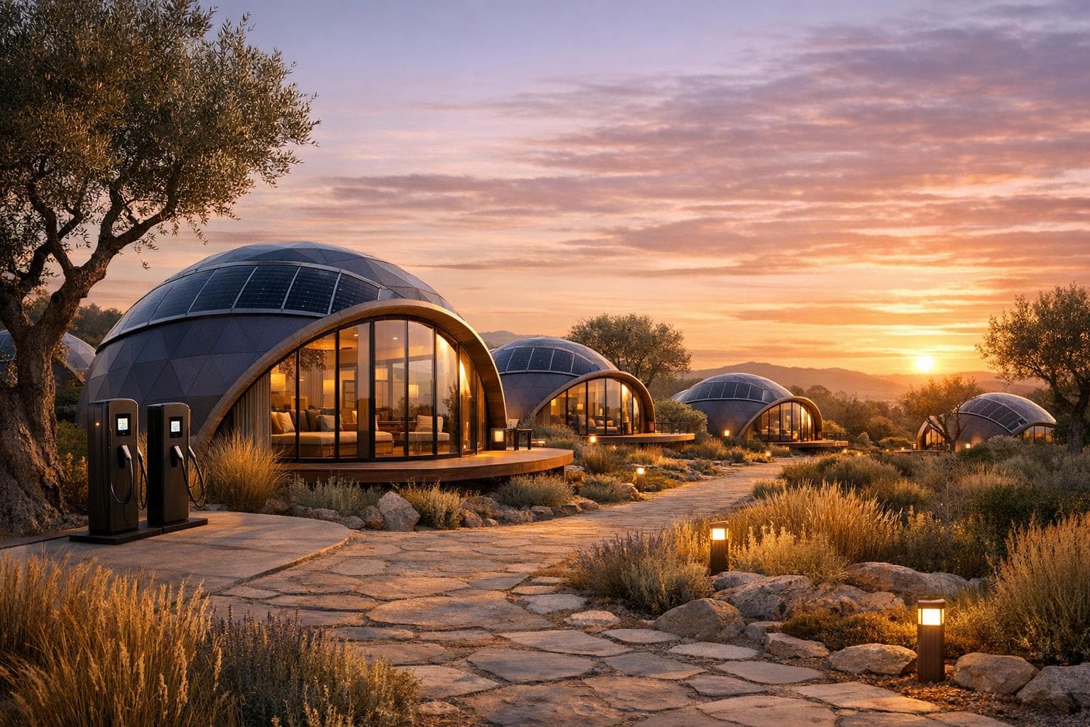 Conceptual EcoHome illustration of solar-powered dome houses and electric vehicle charging at sunset