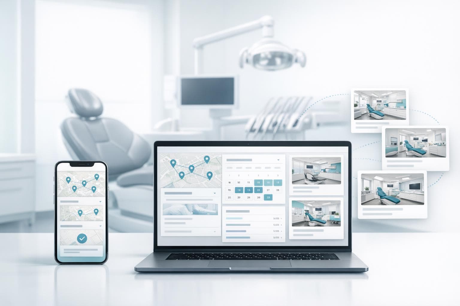 Conceptual Eurodent illustration with a dental clinic and digital appointment interfaces