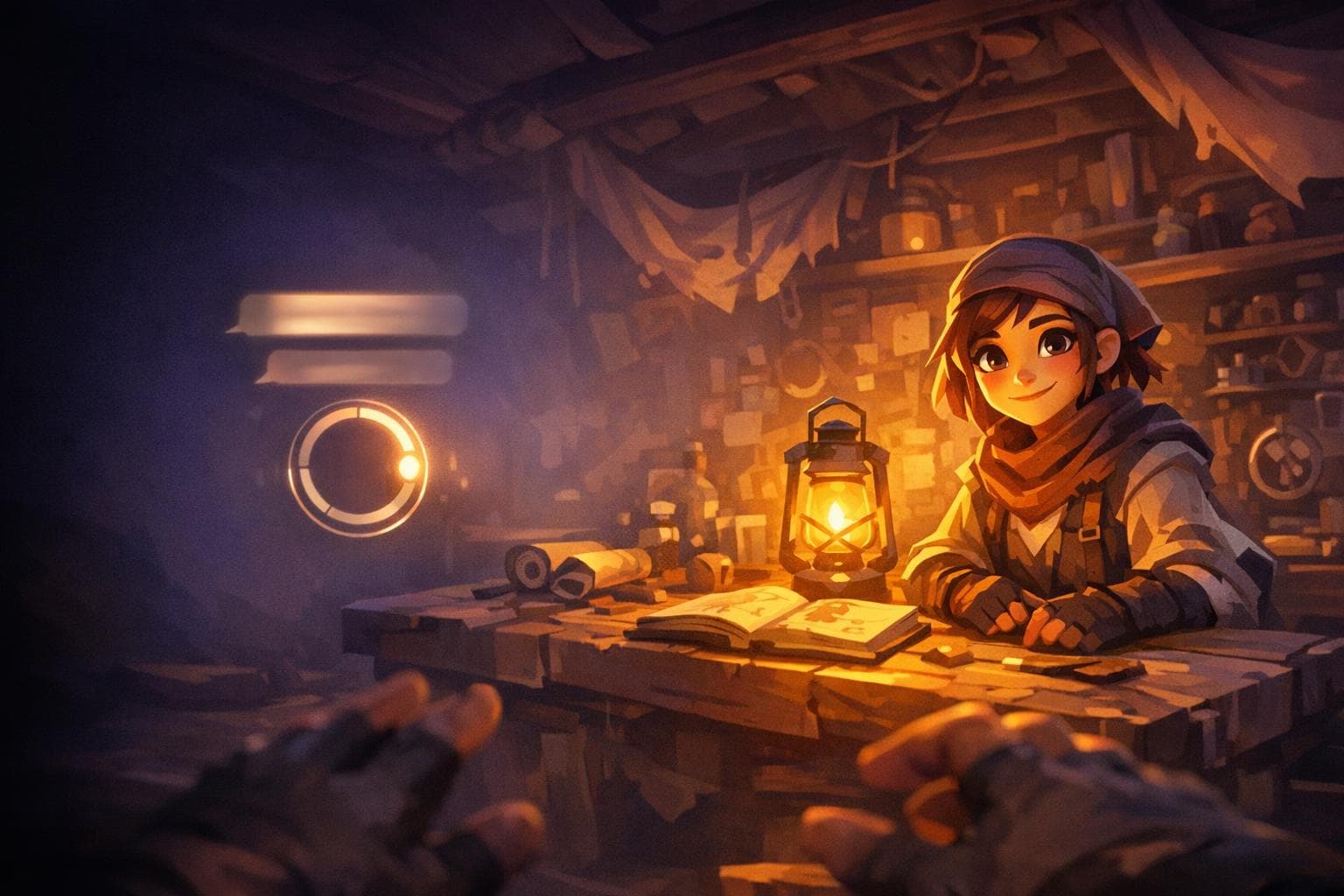 Conceptual The Last Night character encounter in a lantern-lit workshop