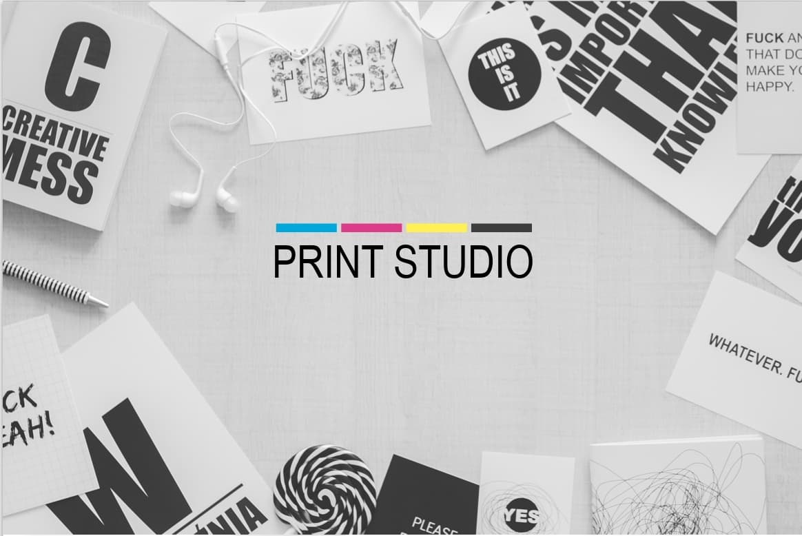 Print Studio identity with CMYK colour bars and a monochrome paper collage