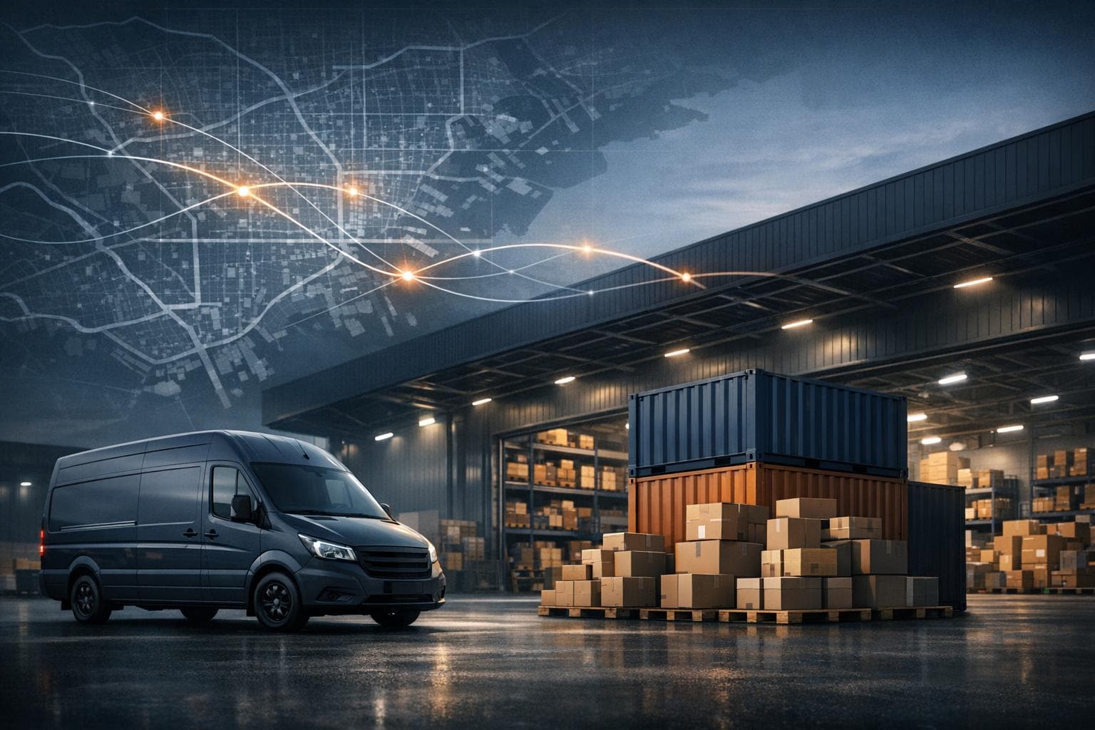 Conceptual logistics illustration with a delivery van, warehouse, parcels and route network