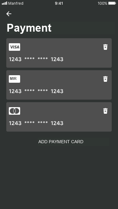 Taxi payment methods screen with masked cards and add payment card action