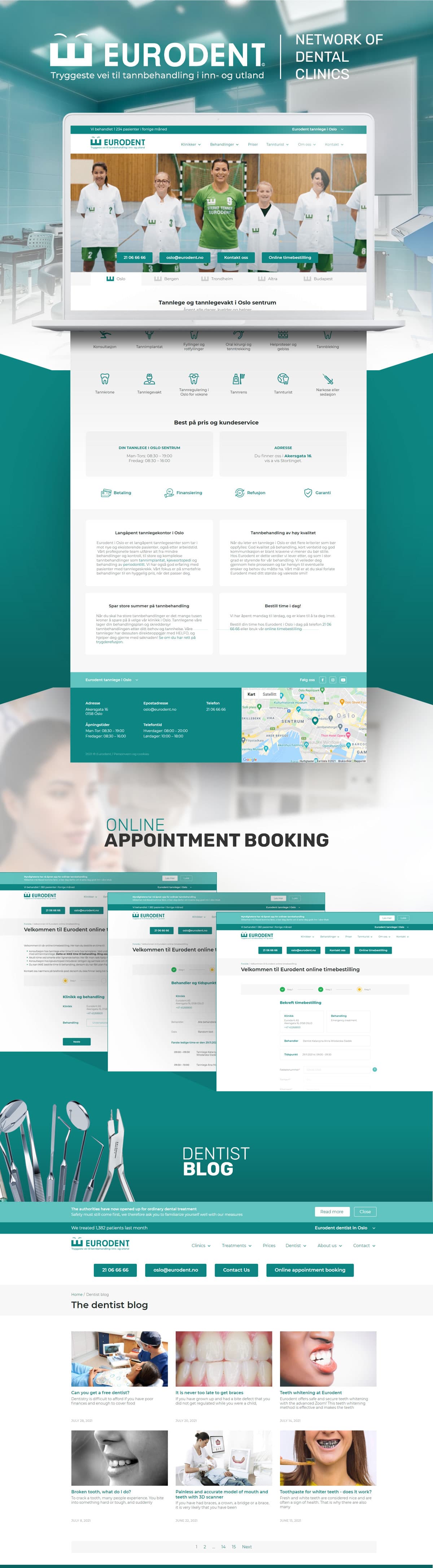 Eurodent original website presentation showing dental clinics, online appointment booking and the dentist blog