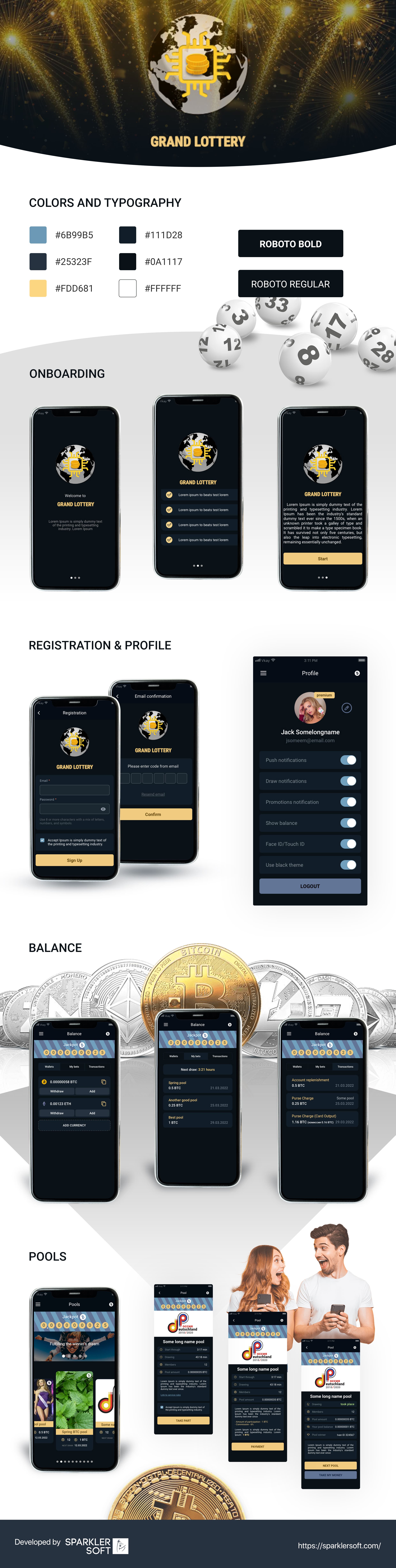 Grand Lottery presentation showing branding, onboarding, registration, profiles, balances and lottery pools