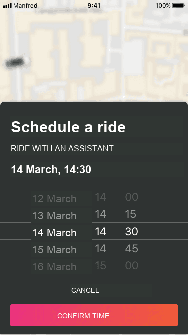 Scheduled ride date and time selector in English