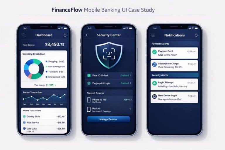 Concept screens for expense analytics, biometric access and notifications