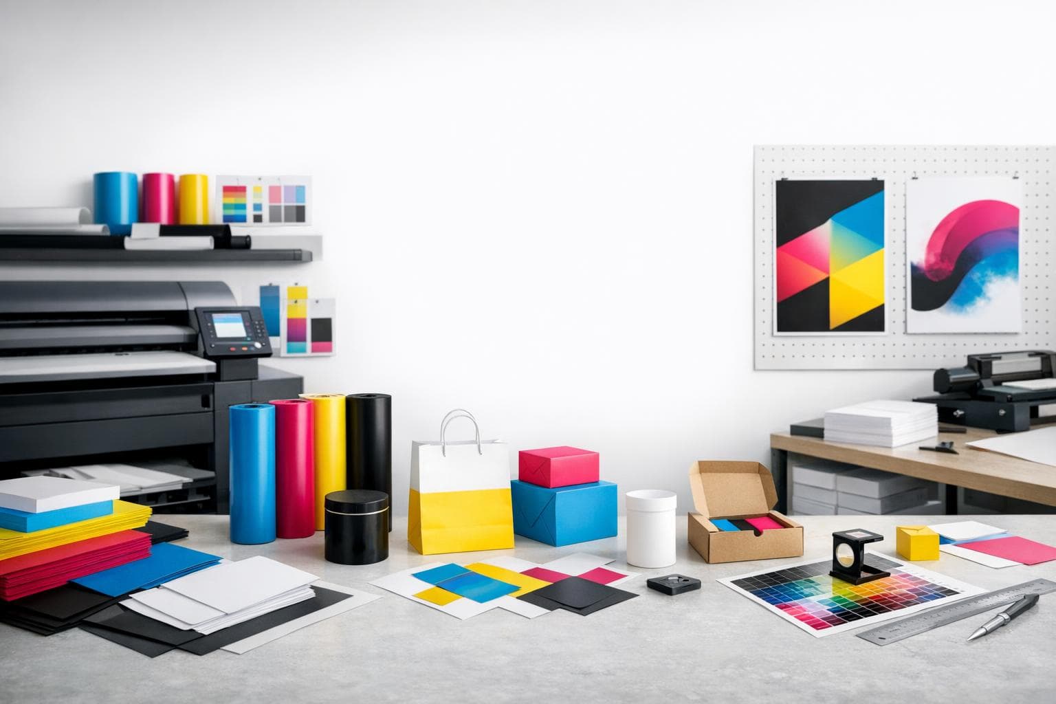 Printing workshop with colourful materials, packaging and print equipment