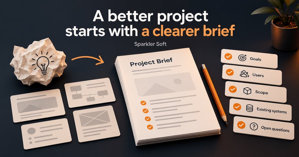 Project brief illustration showing goals, users, scope, existing systems and open questions.